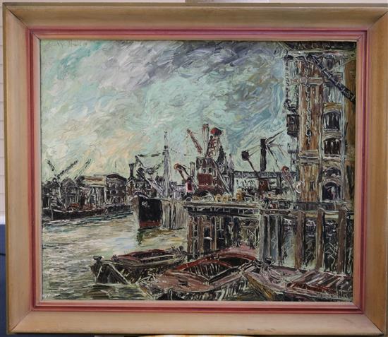 George Hann (20th C.) On the Thames by Tower Bridge from Katherine Docks 24.5 x 30in.